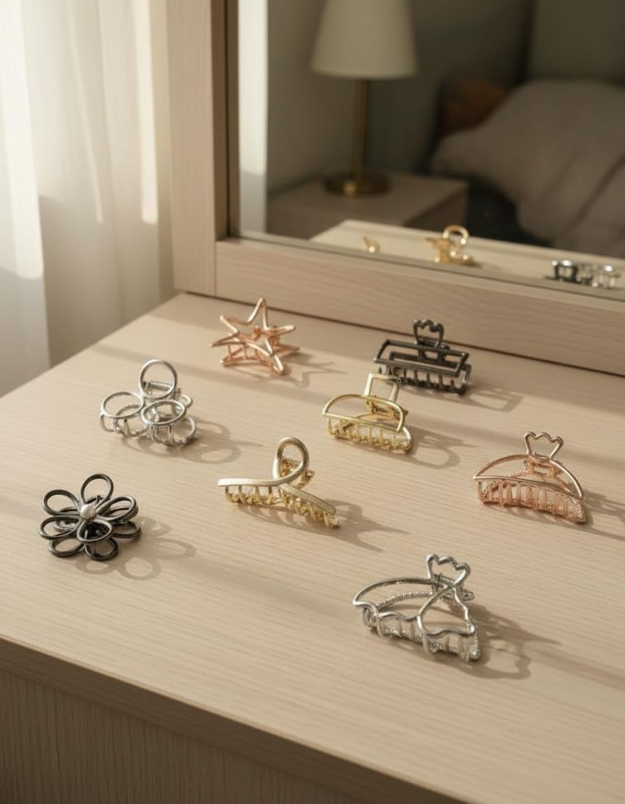 Multi Design Minimalist Metal Hair Claw Clips for Women, Hair Catch Banana Clips Clutchers Clamp Hairties Hair Accessories for Girls - (Medium Size Pack of 8)