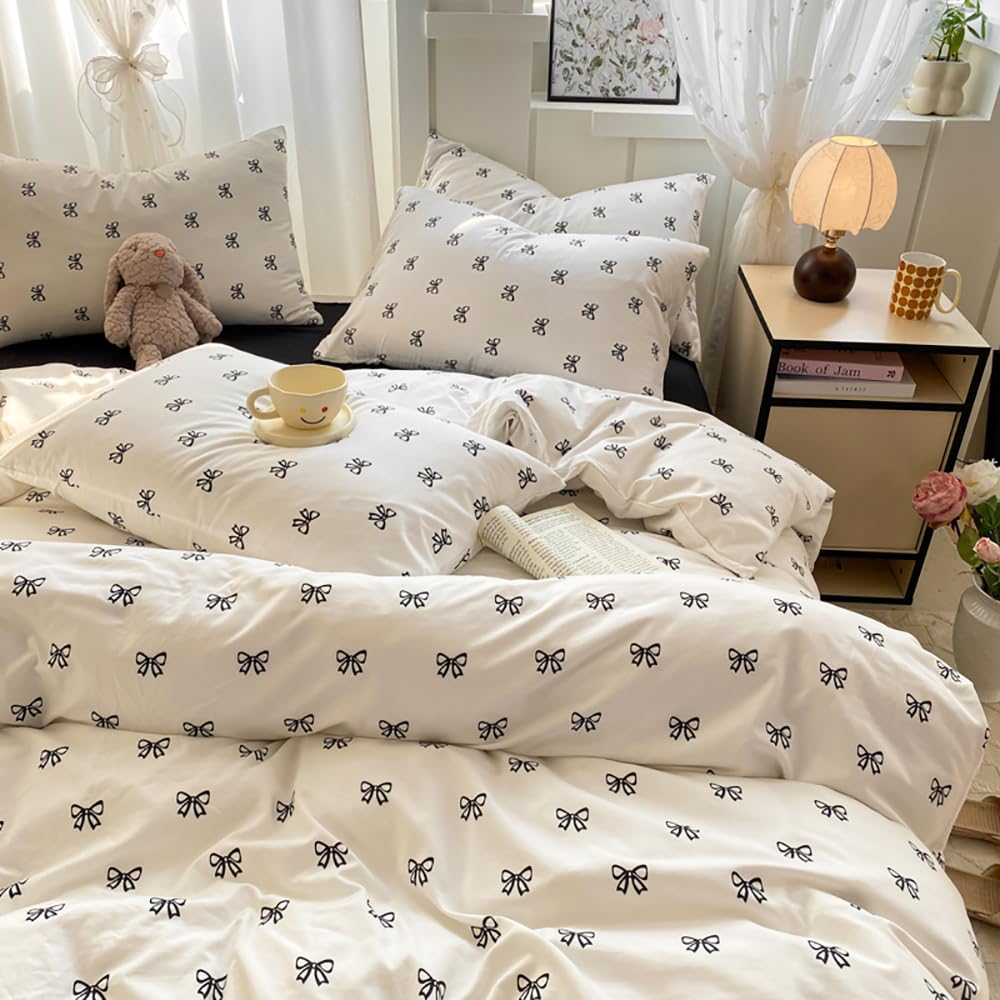 Covebett Black Bows Duvet Cover King White Black Bow Bowknot Print Kawaii Bedding Set Kids Girls Cute Bow Tie Microfiber Comforter Cover 220x230 cm with Zipper Closure and 2 Pillowcases 50x75 cm โ image 1