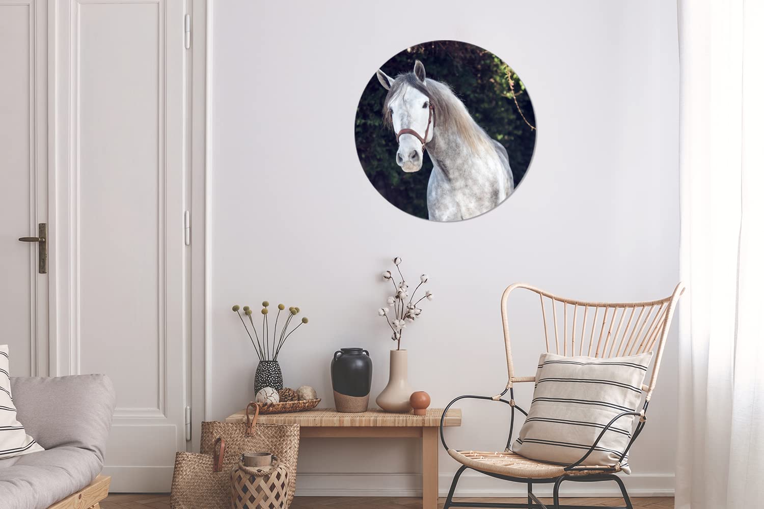MuchoWow Wandbild Rund Wanddeko Deko Wohnzimmer Bilder 60x60 cm Pferd - Halfter - Natur