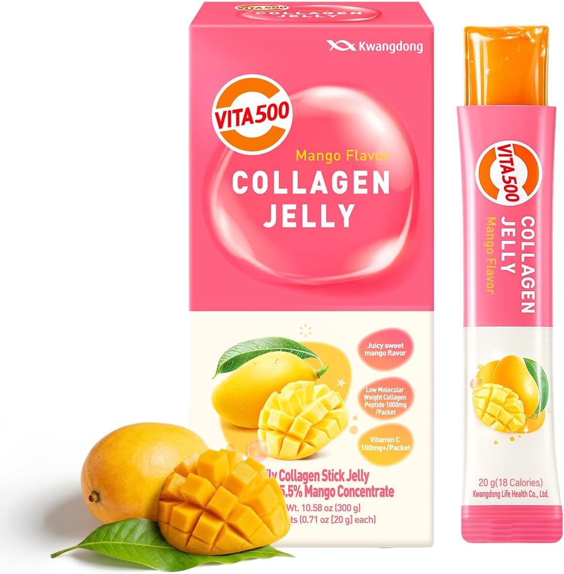 KWANGDONG Vita500 Marine Collagen Stick Jelly, Mango, 20g x 15 Sticks