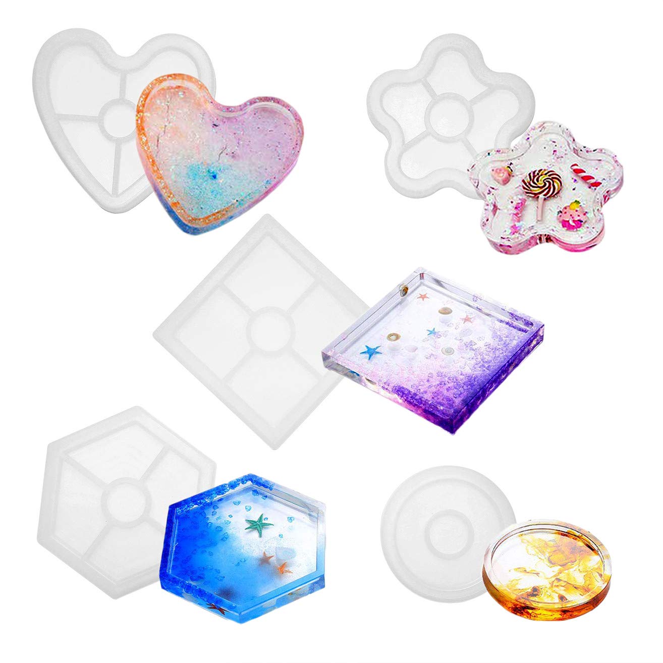 Set Di 5 Stampi In Silicone Per Resina, Forme Esagono, Rotondo, Quadrato, Cuore E Fiore, Con Bordo Antigoccia, Per Sottobicchieri Fai Da Te