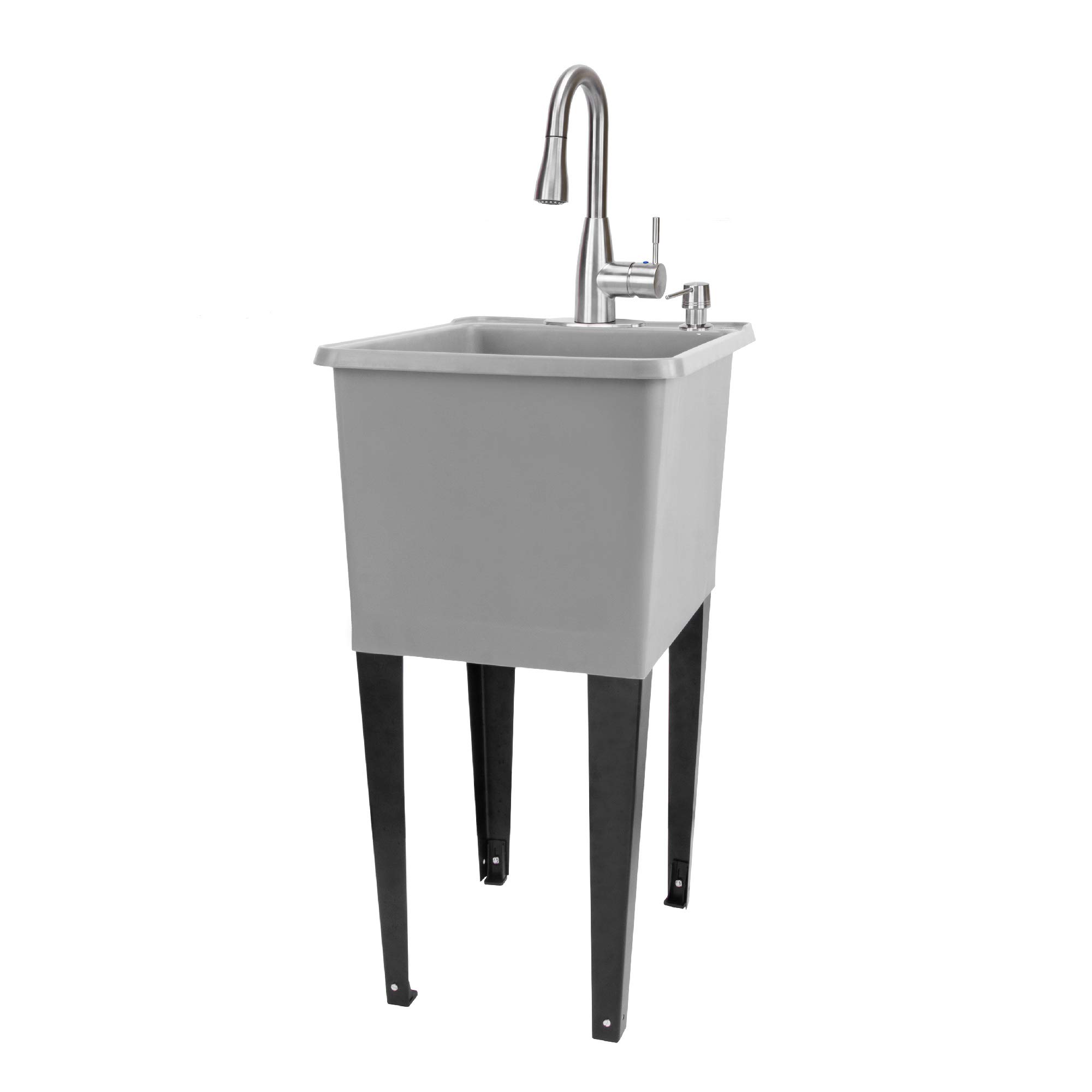 Grey Space Saver Utility Sink by JS Jackson Supplies, Freestanding Tehila Space Saving Laundry Tub, Stainless Pull-Down Faucet, Soap Dispenser