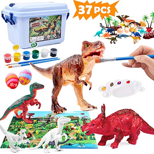 37 PCS Dinosaur Painting Kit for Kids DIY Dinosaur Arts and Crafts Supplies Party Favors Decorate Your Own Dinosaur Figurines for Boys Girls Ages 4 5 6 7 8 Years Old Birthday Gifts