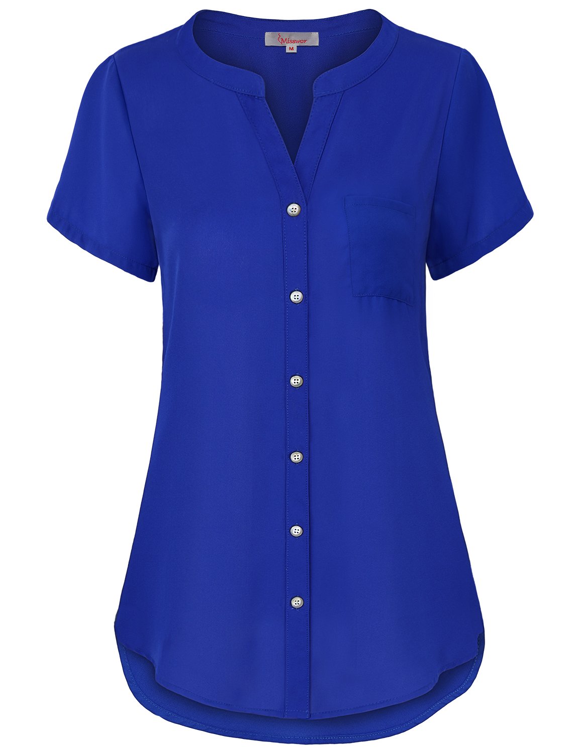Button Up Shirts, Womens Split V-Neck Short Sleeve Tunic Top Button Down Round Hem Flattering Plain Casual Solid Chiffon Blouse for Work Office Wear Blue M