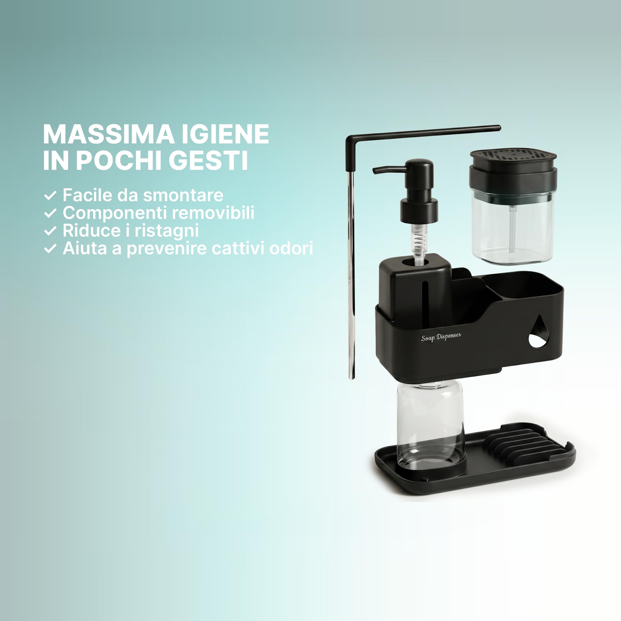 Dispenser Sapone Cucina, Dispenser Sapone Piatti 5 In 1 Con Click Con Porta Spugna, Porta Panno, Porta Spazzola E Dispenser Sapone Mani | Set Lavello