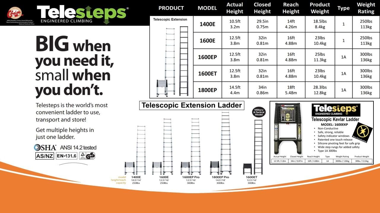 Telesteps 1800EP Pro Series Wide Step Telescoping Extension Ladder – 14.5 ft Height, 18 ft Reach | Type 1A 300 lb Rated