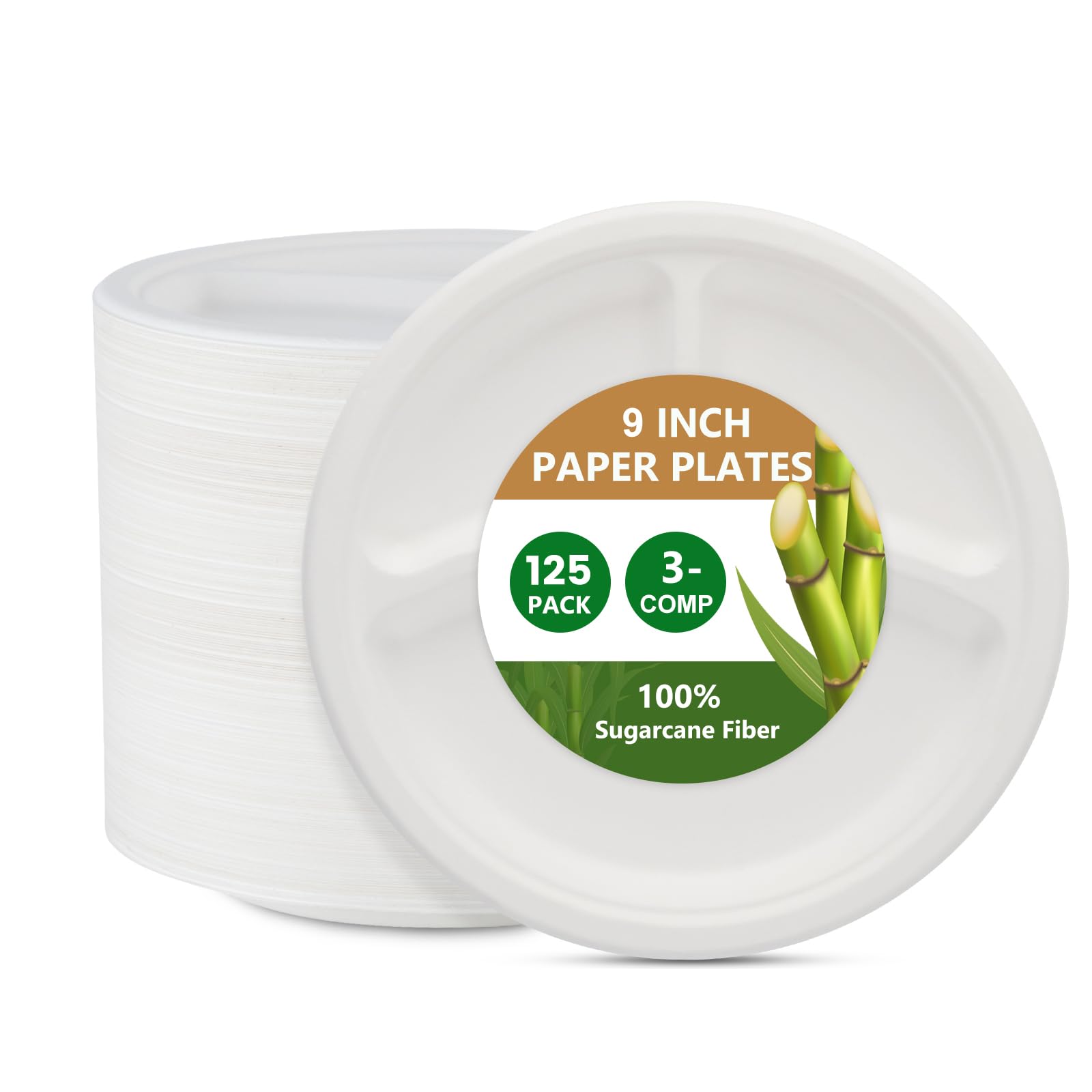 Disposable Paper Plates 9 Inch with 3 Compartment [125 Pack]-100% Compostable Heavy Duty Plates, Biodegradable Paper Plates Made from Sugar Cane Fibers, for Parties, Daily Meals, Dinners, BBQ (White)