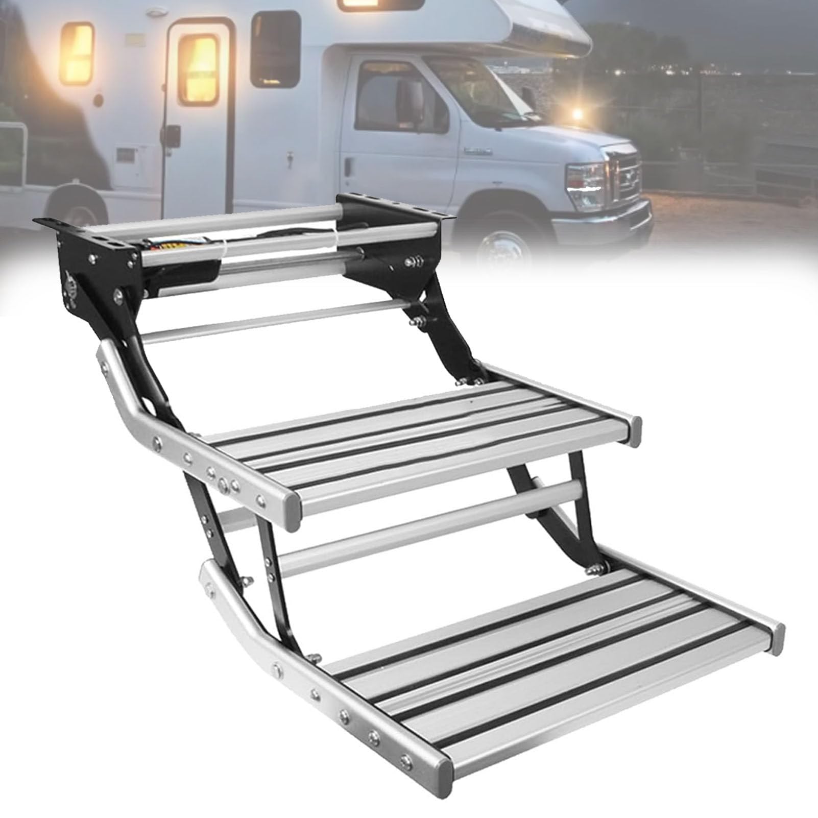 Pfps Electric Retractable RV Steps with LED Light, Folding Aluminum Alloy Steps, Non-Slip Camper Stairs for Campers, Caravans, Motorhomes 12V-Double