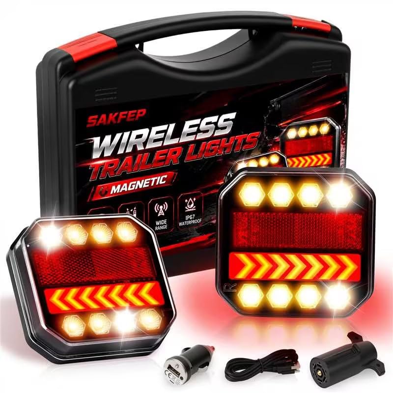 SAKFEP Magnetic Wireless Trailer Lights 2.4GHz Rechargeable LED Tow Lights Kit with IP67 Waterproof All-in-One Brake Turn Signal Tail Lights for Truck Trailer RV Boat Camper