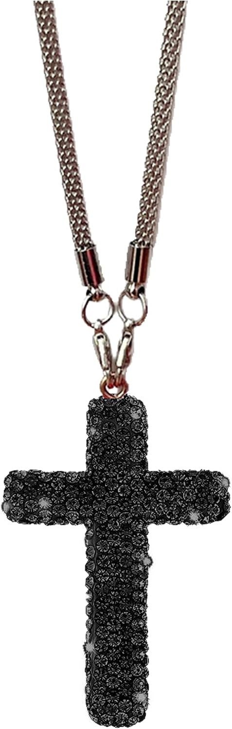 Bling Cross Car Hanging Ornament, Crystal Rhinestone Car Rearview Mirror Pendant for Women, Diamond Rearview Mirror Charm Present, Universal Vehicle Interior Decoration Accessories (Black) image 2