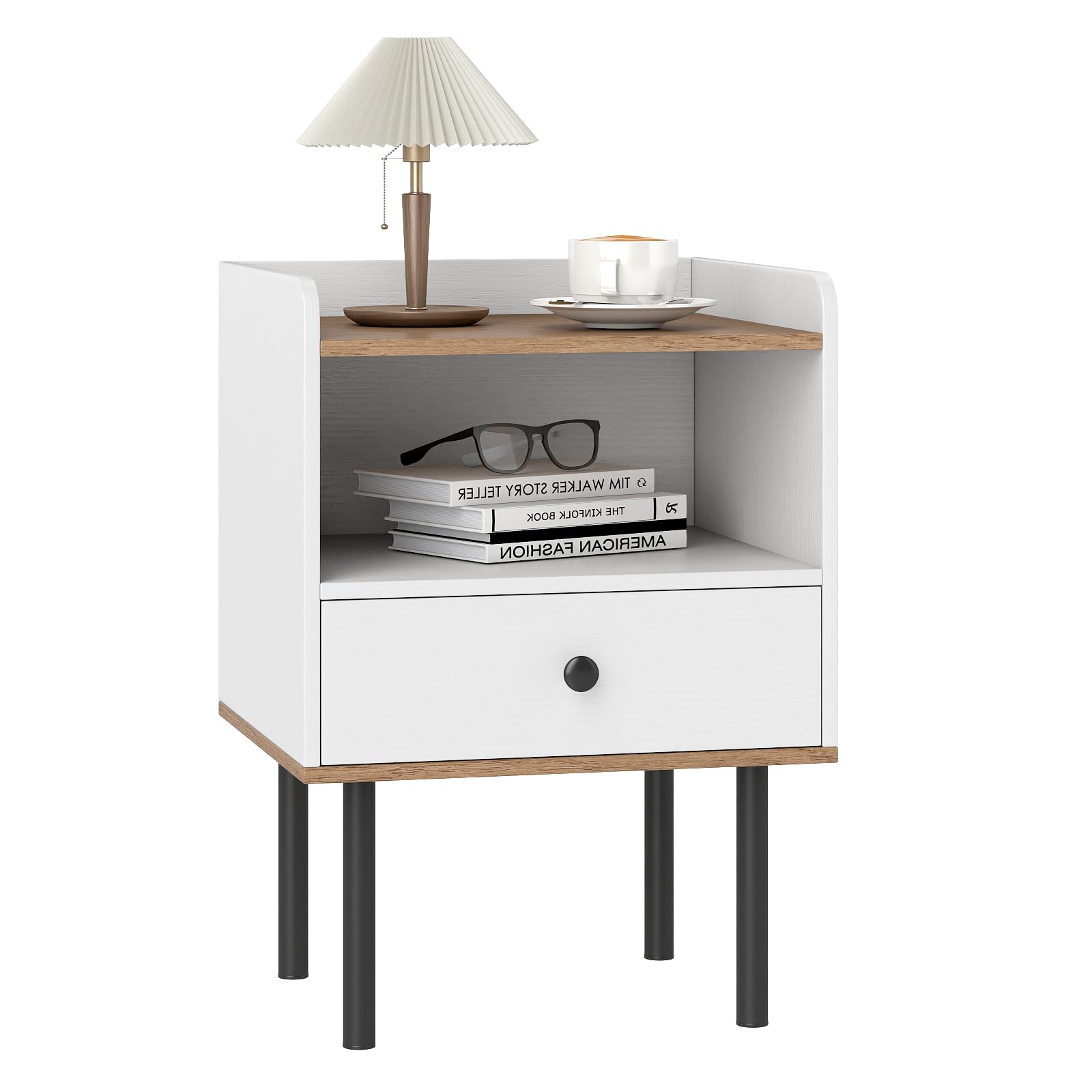 COSTWAY Table de Chevet, Table de Nuit avec Tiroir, Étagère de Rangement Ouverte, Pieds en Métal, Bout de Canapé, Chevet de Lit Moderne pour Salon, Chambre, Petits Espaces, Blanc