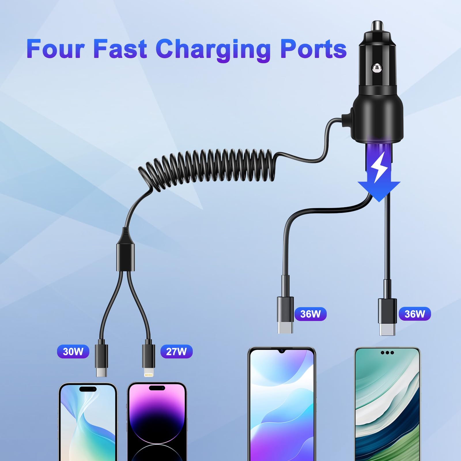 BUNUD Caricabatteria da auto USB C: 66 W, ricarica rapida, adattatore per accendisigari PD&QC3.0, doppia porta con cavo retrattile da 1,5 m, per iPhone 16/15/Galaxy S24/S23, ideale per conducenti