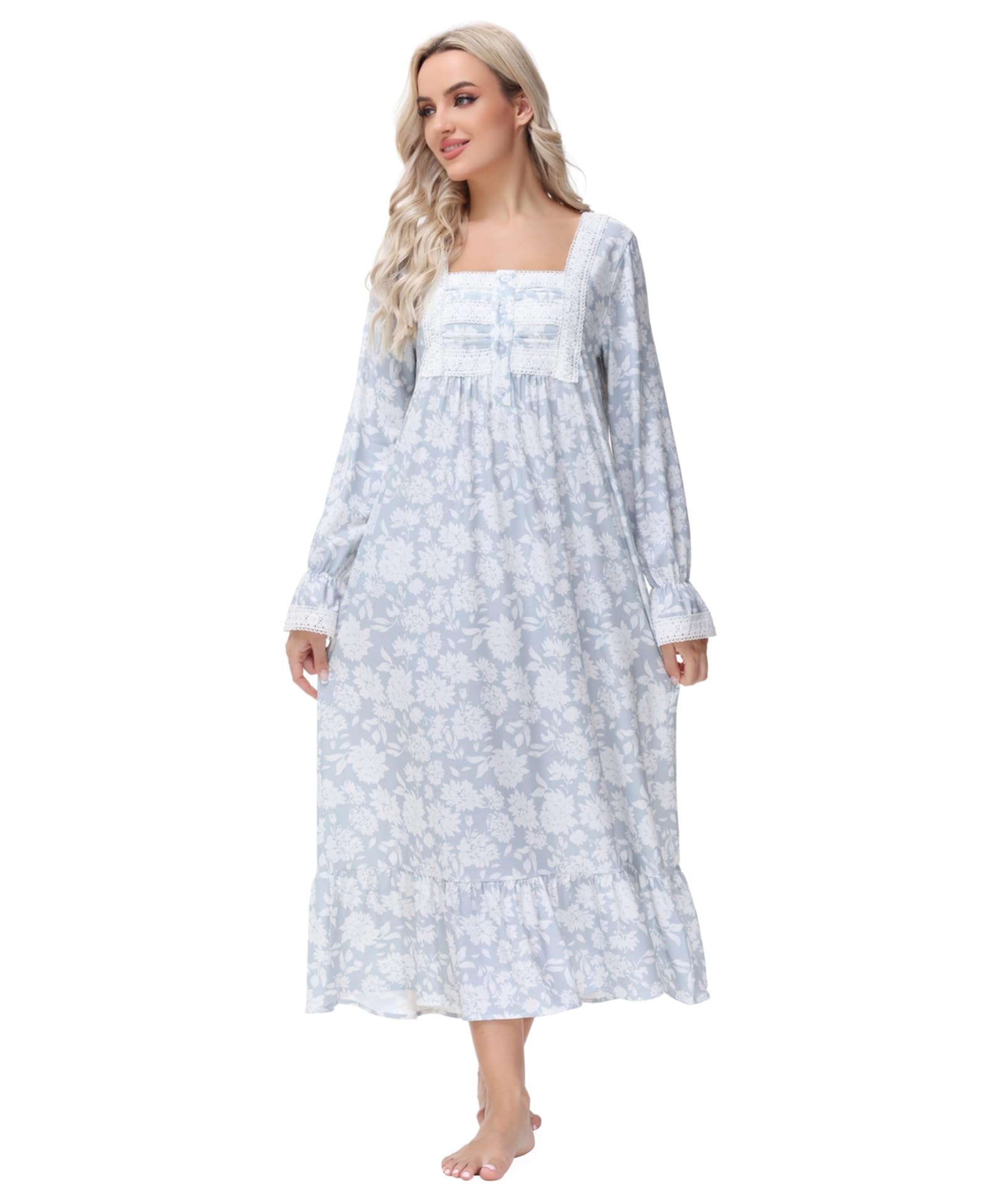 Camisones de Mujer de algodón Suave, cálido, cómodo, Manga Larga/Corta, camisón para Mujer, Ropa de Dormir de Encaje con Volantes