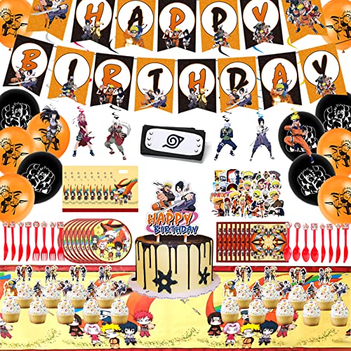 178pcs Anime Birthday Theme Party Decoration for 10 Guests, Included 7' Dinner Plate, Guard Forehead, Hanging Swirls, Knife, Fork, Spoon, Tablecloth, Napkin, Banner, Cake Topper, Cupcake Toppers, Latex Balloons, Sticker, Goody Bag for Party Suppl