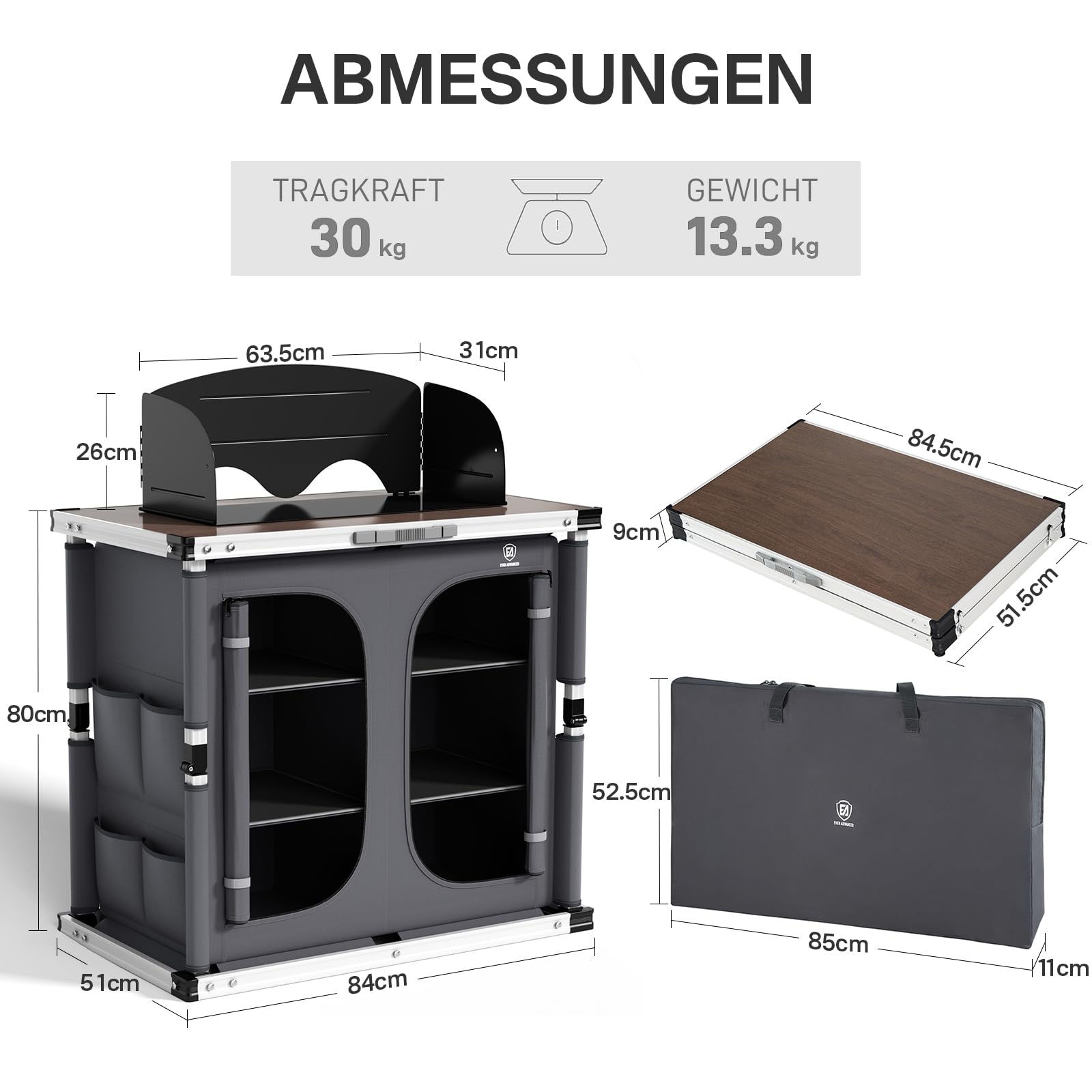 EVER ADVANCED XXL Campingküche Outdoor Faltbar mit Windschutz Campingschrank Klappbar Vorzelt mit Aluminiumgestell & Tragetasche Camping Regal Campingmöbel Küchenbox
