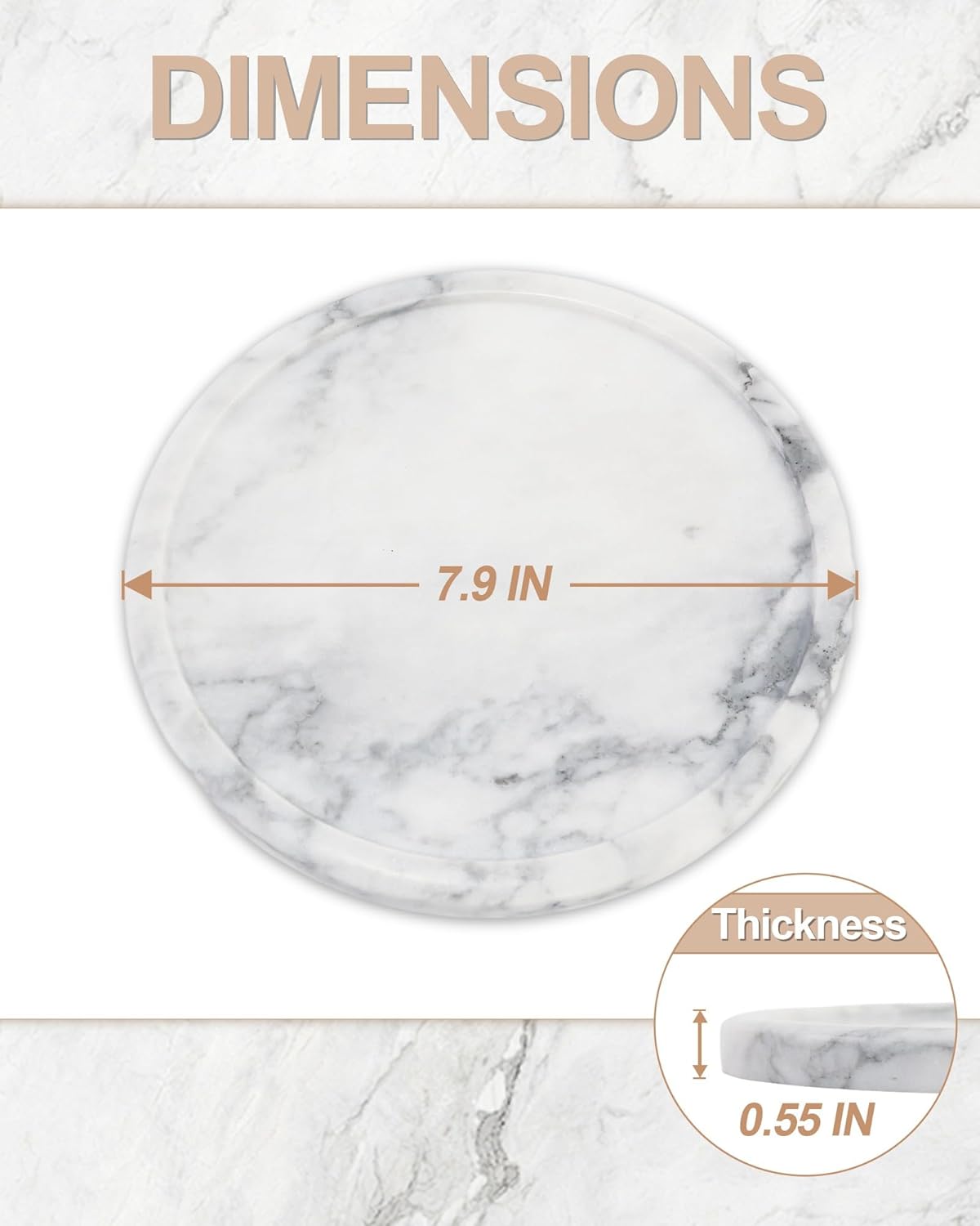 Bathroom Vanity Tray, Marble Round Perfume Tray, countertop Organizer for Kitchen Bedroom, Coffee Table Decor, White(White, 7.9")