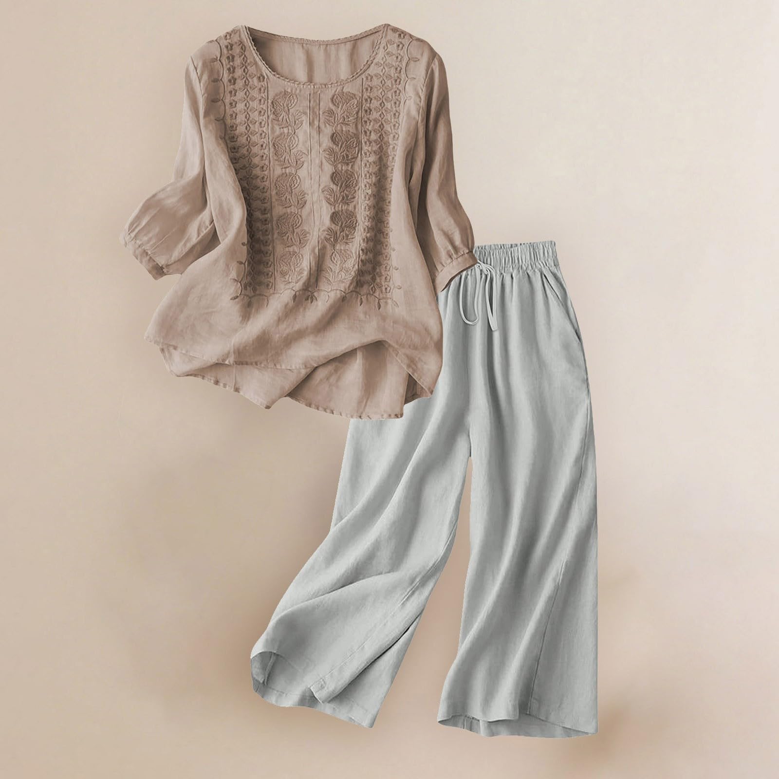 Generisch Tuta da donna per il tempo libero, moderna, elegante, set da donna, in due pezzi, grandi dimensioni, comoda, in lino, maniche a 3/4, maglione con ricamo, tuta da casa, pantaloni larghi