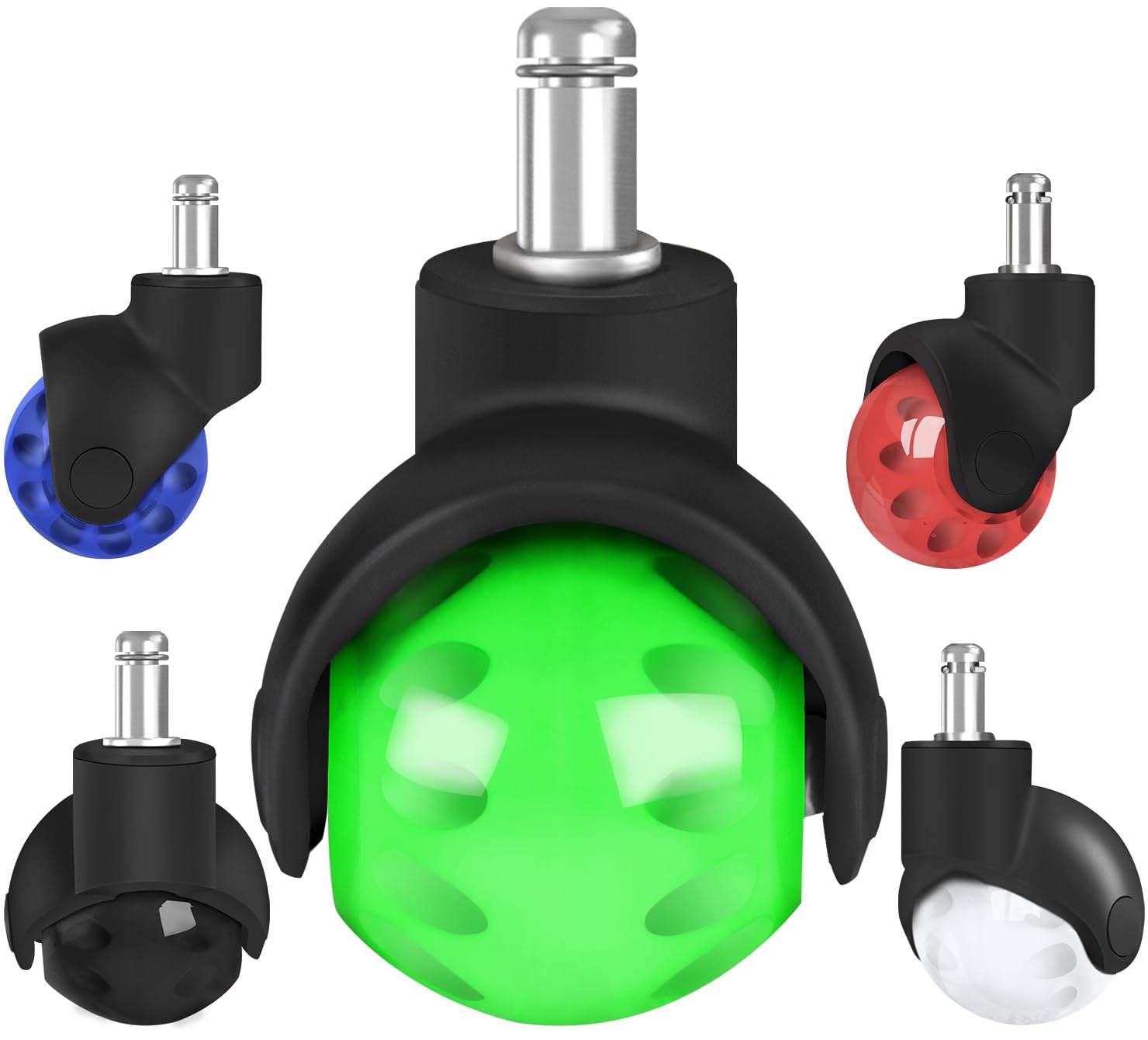 Office Chair Wheels Replacement 2 Inch Rubber Ball Caster Wheels for Hardwood Floor Carpet Mats, Set of 5, Heavy Duty Desk & Gaming Chair Casters 7/16