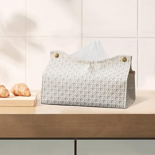 Miniatura 8 de Funda de piel sintética para caja de pañuelos estilo ratán, soporte rectangular para servilletas, organizador de papel facial moderno para baño,