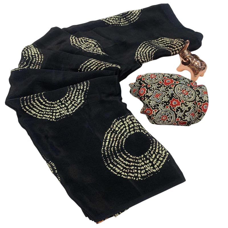Image of SATIKA VASTRAM Modal Silk Ajrakh Saree Bandhani Design Crepe Printed Designer Pallu Attach Blouse Piece