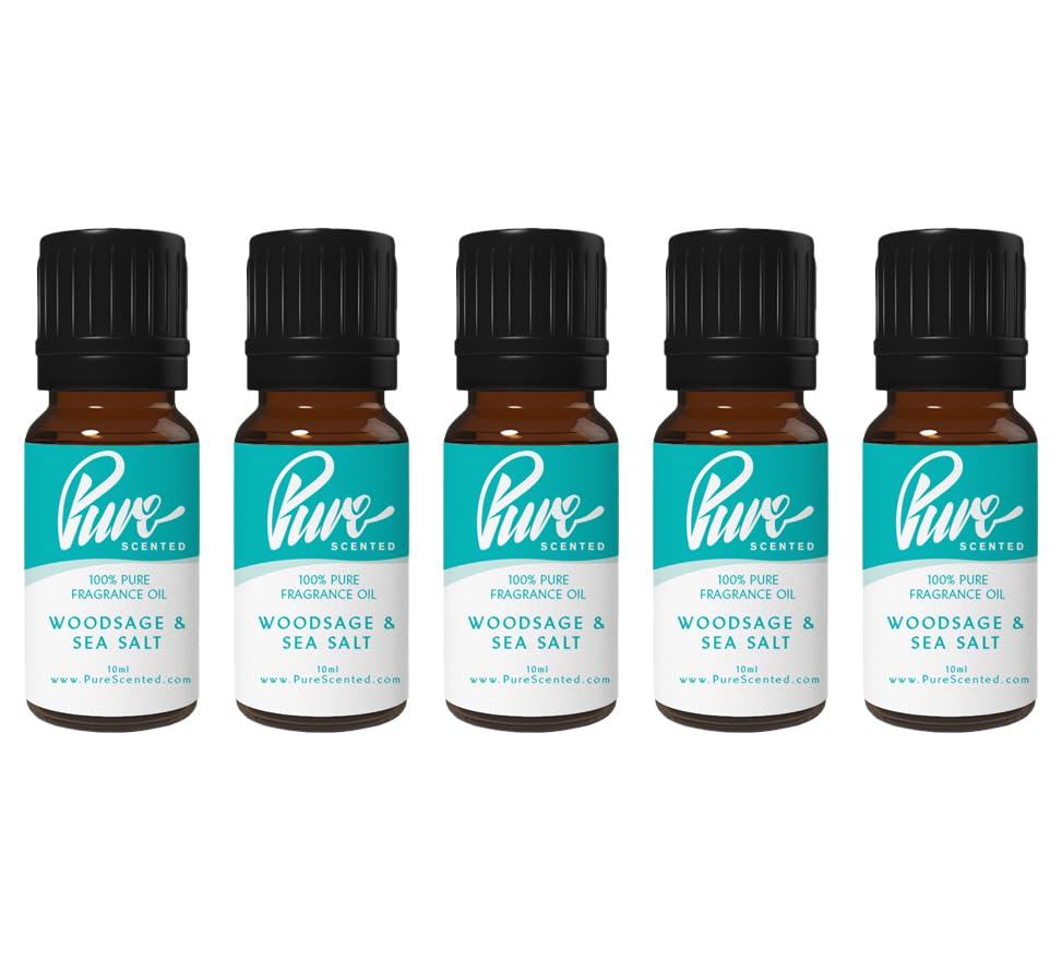 Pure Scented 50ml Fragrance Oils - 5 x 10ml Suitable for Candles, Soaps, Slime, Diffusers, Cosmetics, Wax Melts, Designer (5 x 10ml, Woodsage & Sea Salt)