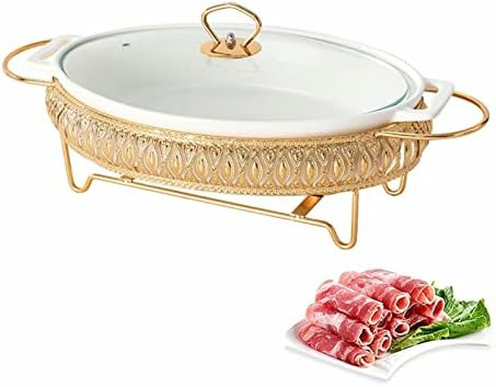 Piatto di Ceramica A Buffet, Cappellini di Smalto Ovale E Caldo A Buffet con Coperchio in Vetro, Vassoio Riscaldante per Il Ristorante, A Casa, Inverno ~/