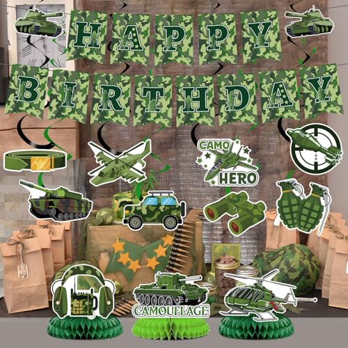 Image of Camo Birthday Party Decorations - 13PCS Army Party Decorations Set Military Themed Happy Birthday Banner Hanging Swirls Honeycomb Centerpieces Decor Supplies for Boys