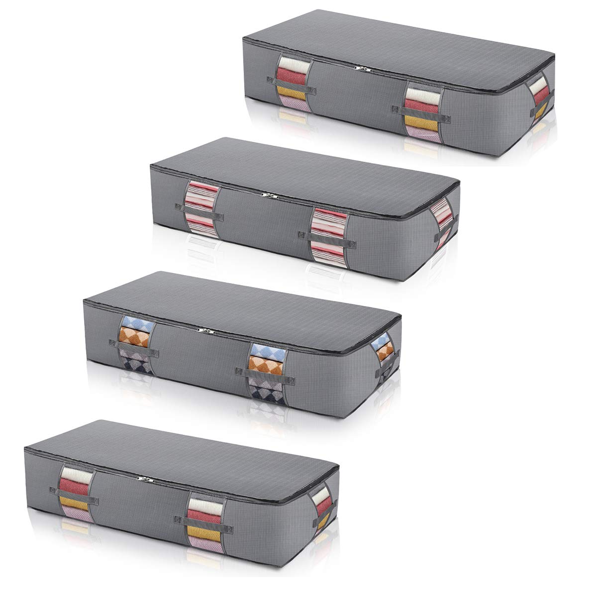 Extra Large Foldable Under Bed Storage Bags Containers [4 Pack]Large Blankets Clothes Comforters Underbed Storage Bags Zippered Organizer for Bedrooms,with Clear Window Thicker Fabric Grey 38x17x8 in