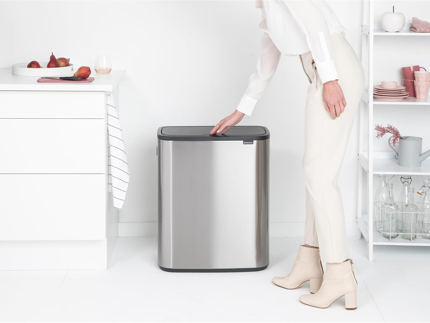 Brabantia Bo Touch Top Kitchen Trash Can with Single Compartment | Matt Steel FPP | 16 Gal Inner Bucket | Soft-Close Garbage Can, Light Touch Opening, Stay-Open Lid | Fits Against Wall | + Trash Bags