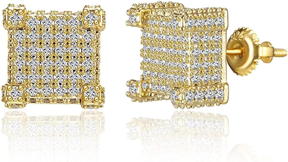 SENTERIA Iced Out Mens Earring Cubic Zirconia Cubist Screw Back 18k Yellow Gold/Silver Plated Hypoallergenic 3D Square Stud Earring for Men and Women Hip Hop Jewelry (Gold)