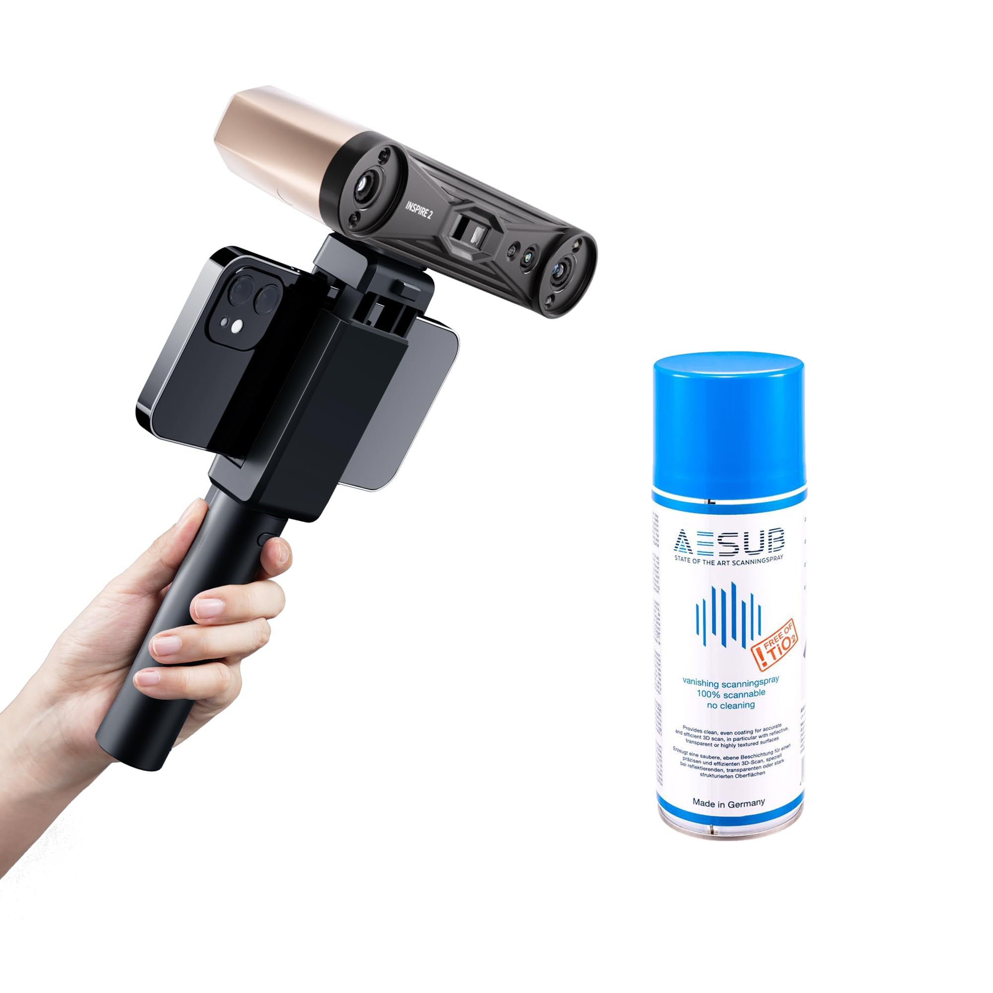 Revopoint INSPIRE 2 3D-Scanner Premium & 3D-Scan-Spray, Mehrstrahl-Laser & Strukturiertes Licht, Scannen im Freien & Kabelloses Scannen, Vollfarbscans, Optischer Zoom