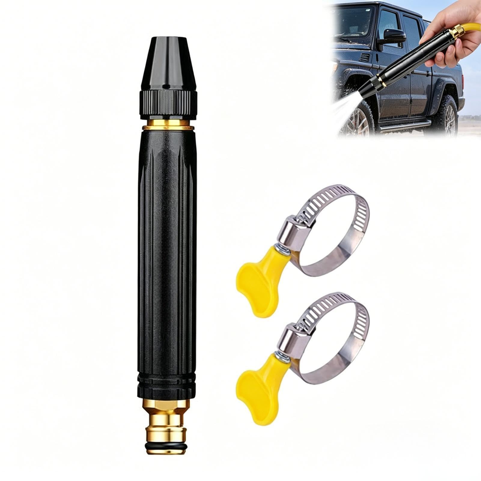 High Pressure Car Wash Gun with Booster Nozzle and Hose, for Car Washing, Gardening, Patio Cleaning (One direct-jet water gun + two stainless steel hose clips)