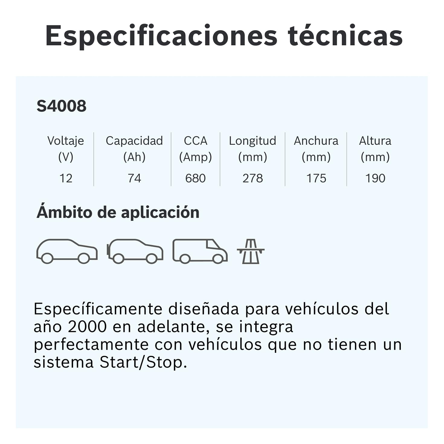 Bosch S4 008 Batería para Coche 74 A/h - 680 A - 12 V, de Plomo-Ácido para Vehículos sin Sistema Start/Stop, Polaridad Izquierda (-) Derecha (+), 278 x 175 x 190 mm