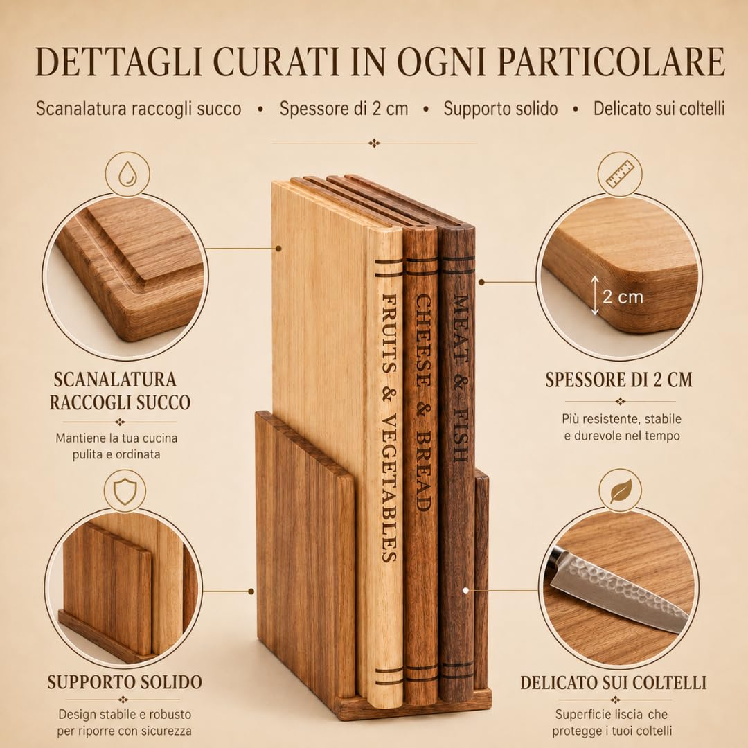 Set Taglieri da Cucina in Legno con Supporto – 3 Taglieri in Rovere, Acacia ed Ebano – Tagliere Legno Massello per Cucina con canalina – Senza Plastica, Design Salvaspazio in Stile Libreria