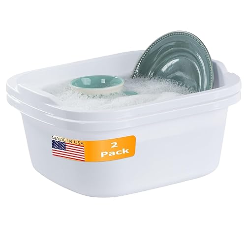 Tribello 2-Pack Dish Pans for Kitchen Sink, Plastic Tub Dishpan Wash Basin and Foot Bath for Soaking Feet, Wash Bucket for Washing and Storage Cleaning Supplies - 12 Quarts - Heavy Duty - (White) - White