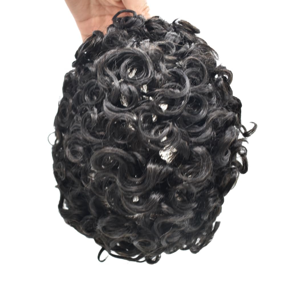 25MM Curly Toupee Durable Full Poly Skin Curl Toupee for Men Human Hair Replacement System Mens Hairpieces and Toupees Capillary Prosthesis (1B# OFF BLACK, 8 * 10-25 MM Wave)