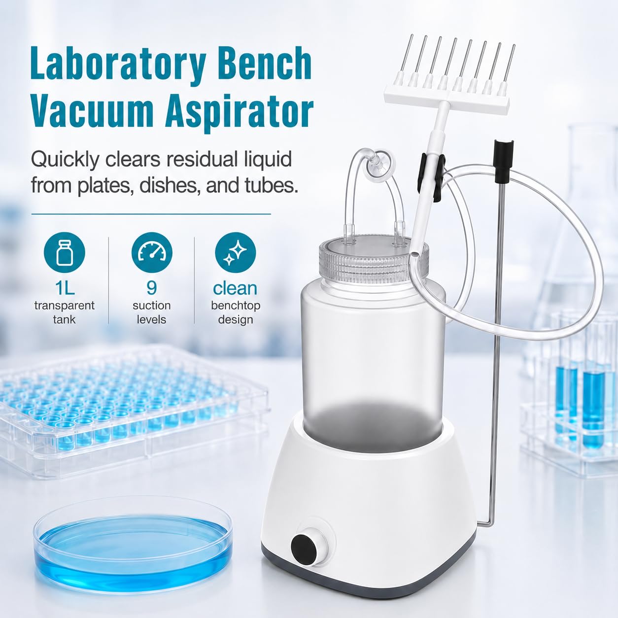 Bomba aspiradora de vacío para reciclador de líquidos de laboratorio, 1 litro, colector de líquidos residuales de mesa con tanque transparente para laboratorio de biología química