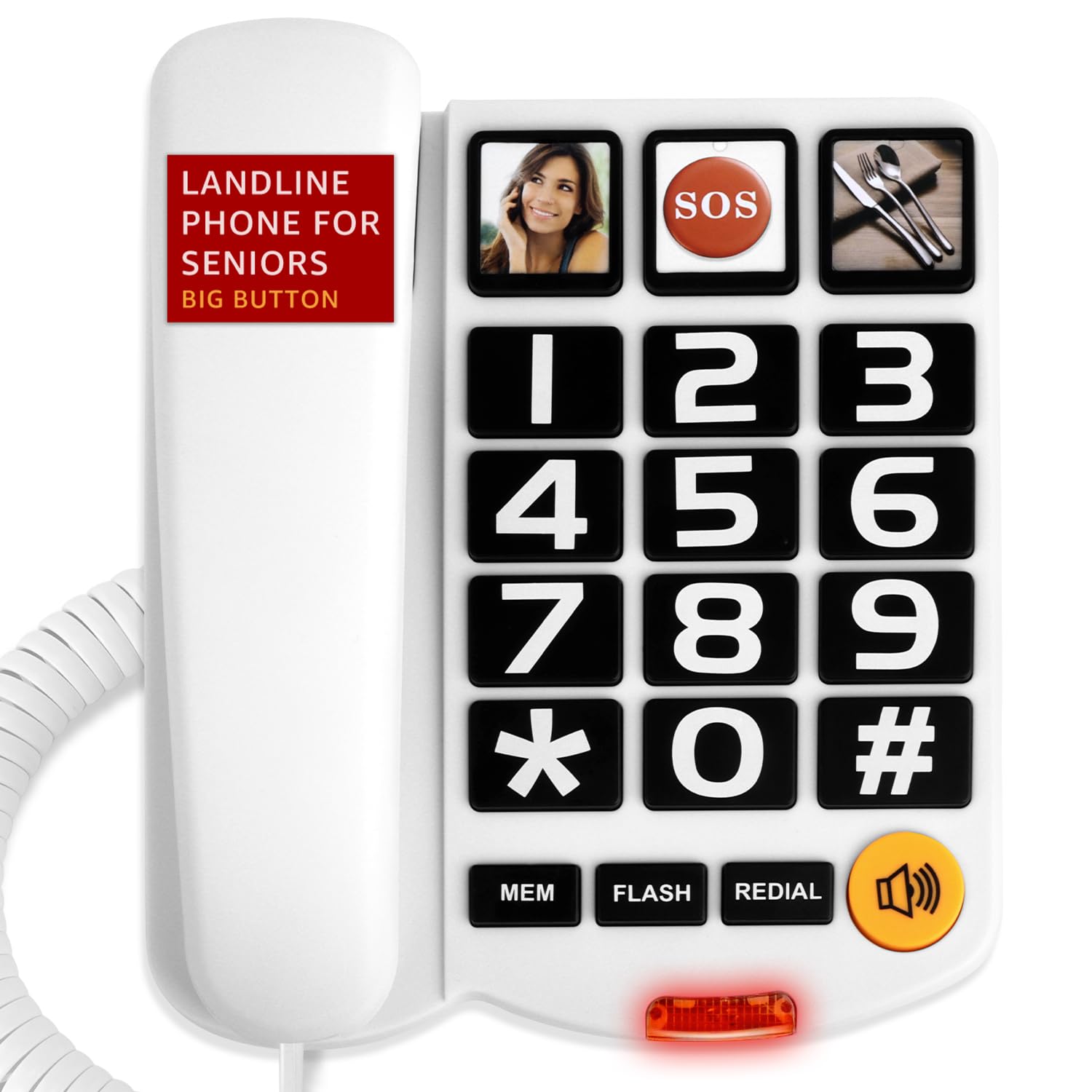 Uvital Teléfonos con botones grandes para personas mayores, teléfono fijo con cable blanco con 3 botones de marcación de un toque, manos libres, timbre fuerte, volumen ajustable, fácil para personas