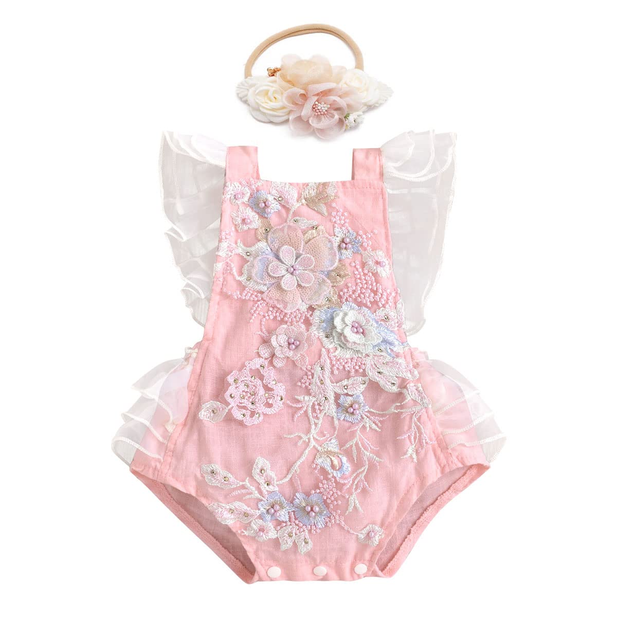 ODASDO Baby Girl Lace Romper Delicate Embroidery Backless Bodysuit with Flower Headband 2pcs Cake Smash Outfit…