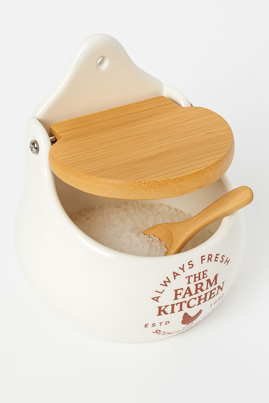 Saliera in ceramica bianca con coperchio in legno, 12 cm, barattolo per sale e spezie per la cucina e il riposo a parete
