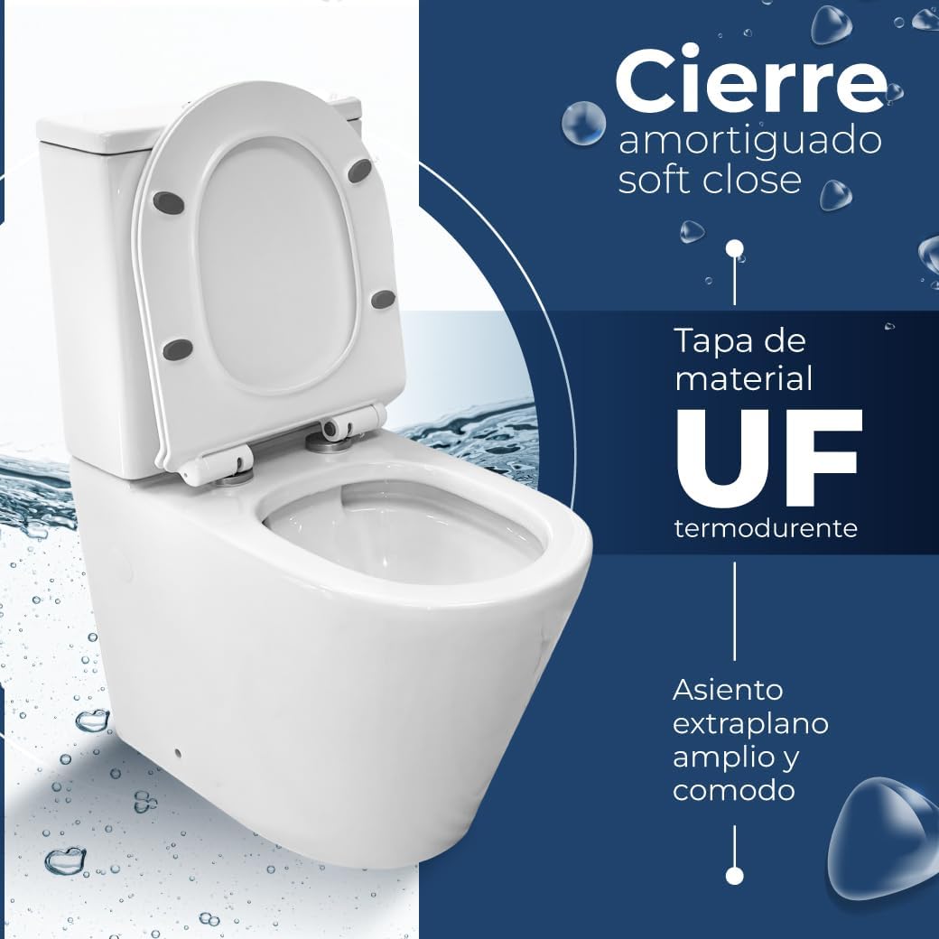 Inodoro Completo - WC Inodoro Completo con Sistema Rimless Antibacterias - Vater Baño con Tapa UF Termodurente Amortiguada - Inodoro Salida Dual Eficiente con Ahorro de Agua (Venecia)