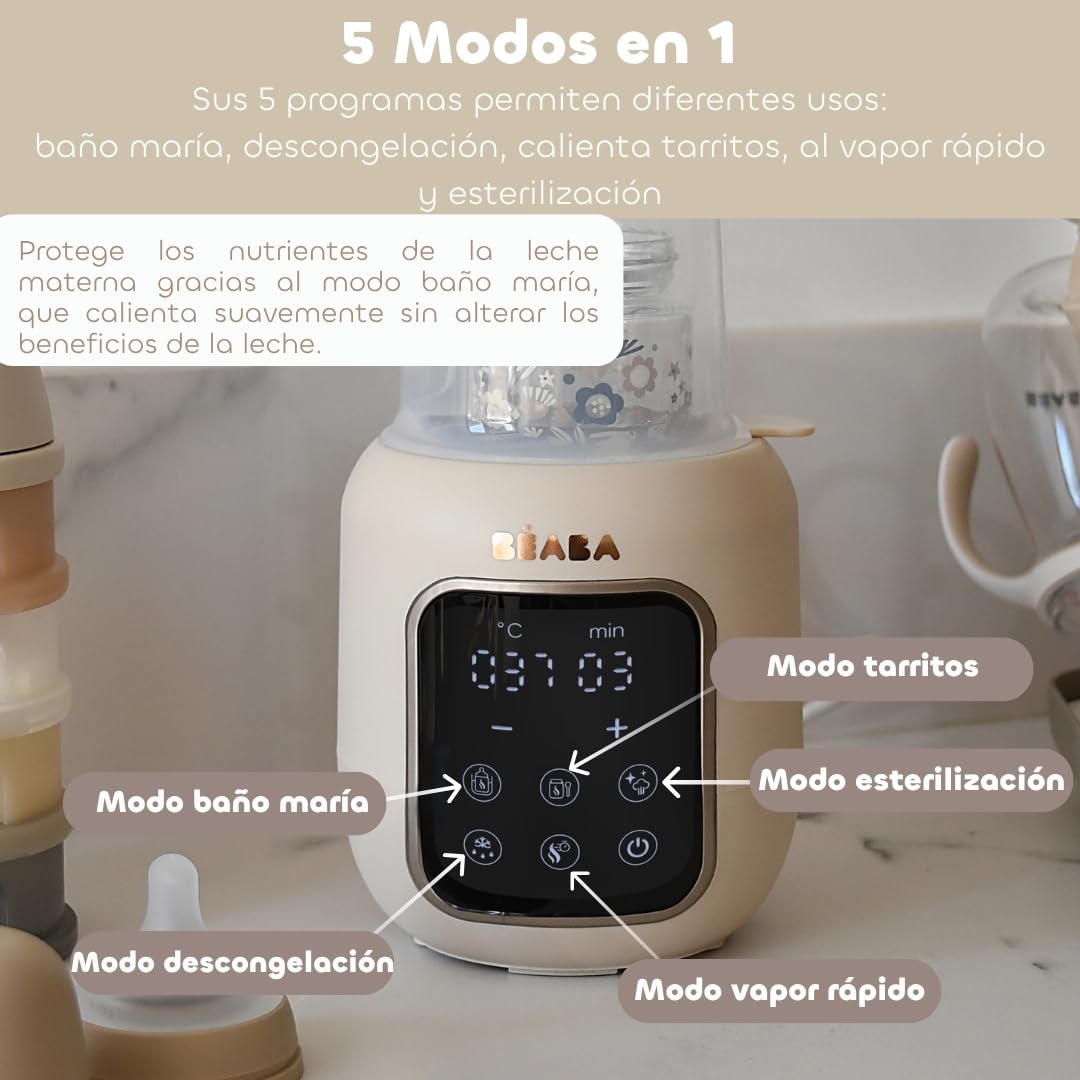 BÉABA, Calentador de biberones/esterilizador, Calentador de leche materna/infantil, Multifunción: 5 modos:Baño María, Calentador de potitos, Descongelación, Rápido, Esterilización, Multi Milk, Arcilla