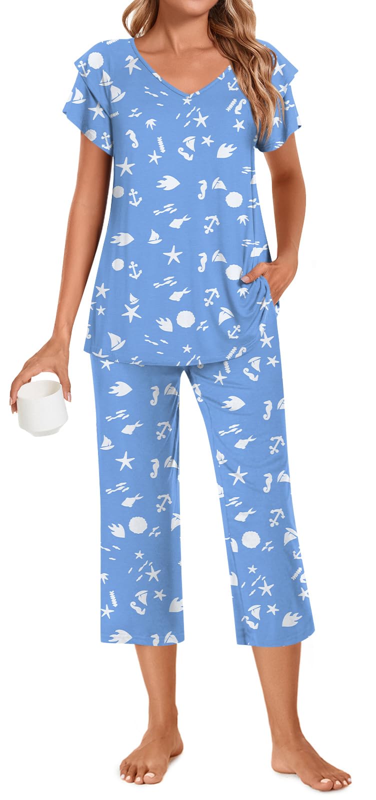 Aodemo Womens Summer Pajama Sets 2 Piece Pjs Lounge Capri Pants Ruffle Short Sleeves Sleepwear with Pockets
