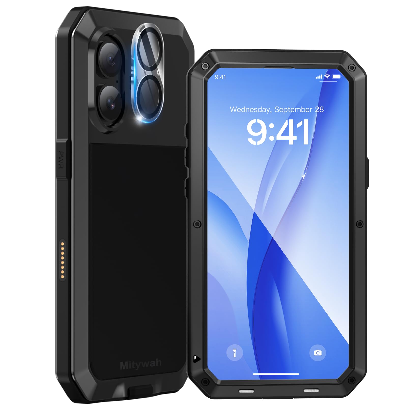 Mitywah Metal Case for iPhone 16, Heavy Duty Rugged Phone Case Built-in 9H Temperd Screen Protector, Military Grade Full Body Protective Dual Layer