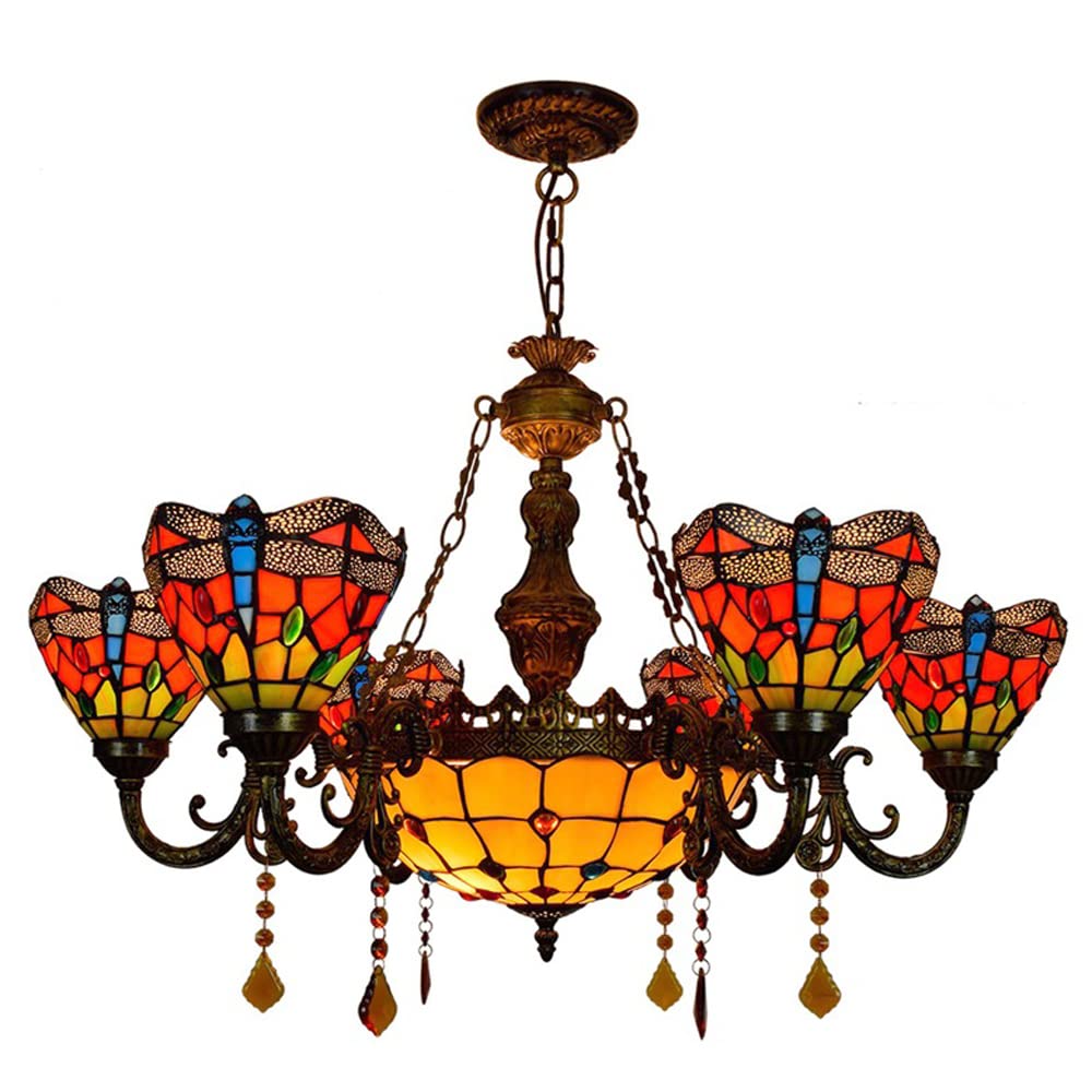 FYZDLAOR 6+1-Light Chandelier,with Dragonfly Pattern Lampshade Pendant Light Light Fixtures,Tiffanystyle Stained Glass Hanging Light Wide 32 Inch with Crystal Pendant