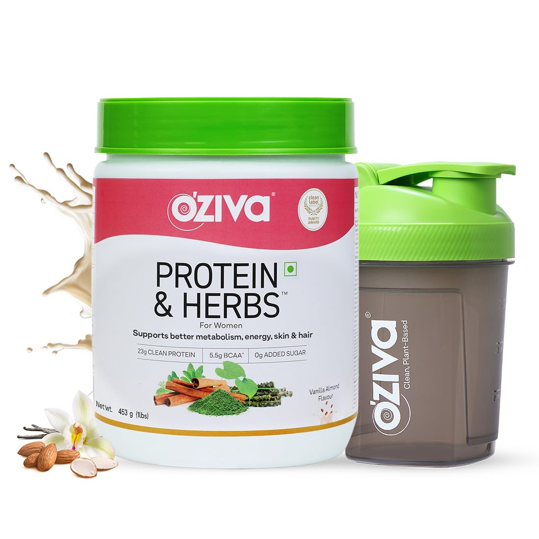 OZiva Protein & Herbs for Women (Vanilla Almond) I Manage Weight, Energy & Metabolism | Clean Protein, Shatavari, Green Tea I No Added Sugar, 1lbs + Shaker (Super Saver Pack)