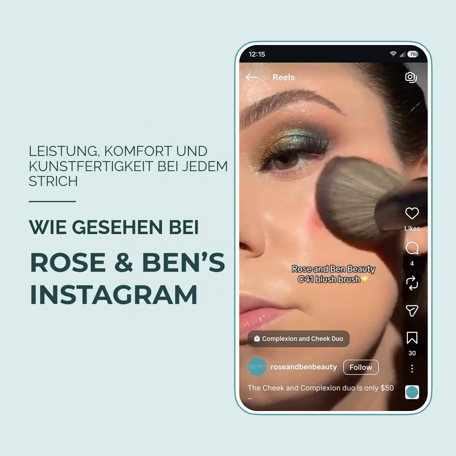 Rose and Ben Beauty Rouge-Pinsel, professioneller Pinsel für makelloses Make-up, abgewinkelt, fusselfrei und tierversuchsfrei, für gepresste, Puder- und Cremekosmetik