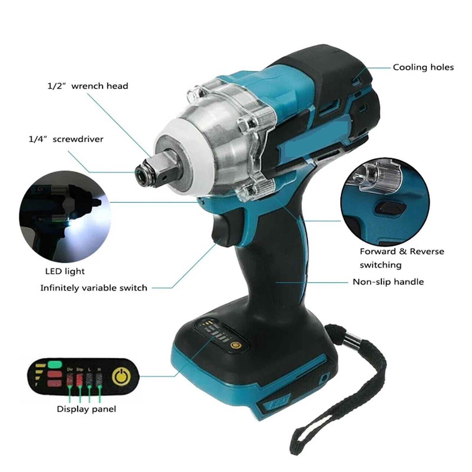 Llave de Impacto Llave De Impacto Eléctrica Sin Escobillas De Alto Torque, 520N.m, 1/2 Y 1/4 De Pulgada, Compatible con Batería De 18V(Type B Toolbox Set)