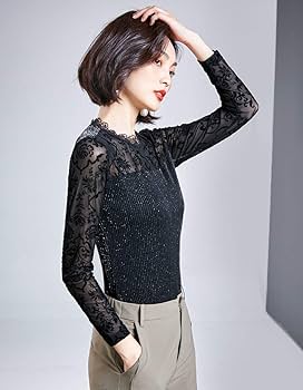 Amazon.co.jp: 社交ダンス トップス 黒 ベロア レース柄