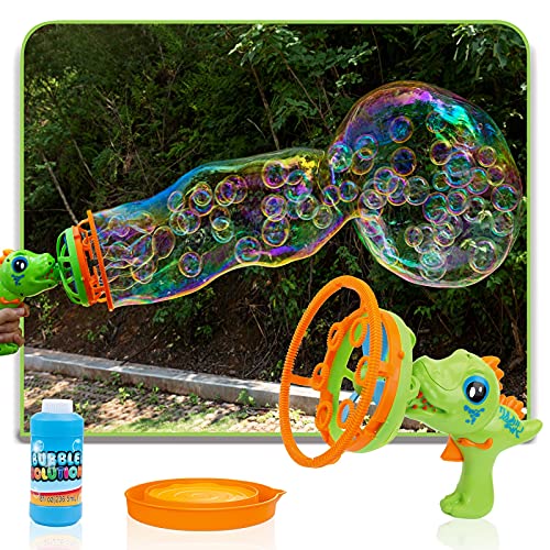 3 in 1 Dinosaur Bubble Gun, Bubble Machine for Kids, Children's Outdoor Bubble Toys, Small Bubbles, Big Bubbles or Bubbles in Bubbles, with 8 oz of Bubble Liquid, Suitable for Adults and Children